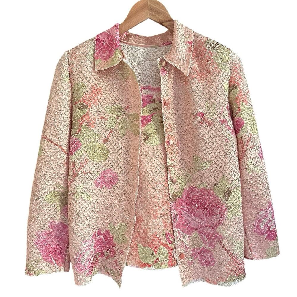 Vintage Flair Floral Crinkle Knit Cardigan Set M Yellow Pink Textured Stretchy